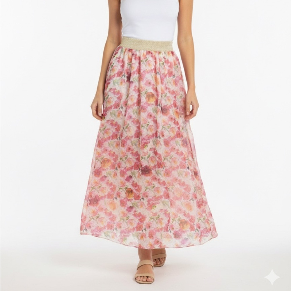 NWT Lola Italy Floral Silk Blend Long Skirt Flowy Feminine Pink Multi